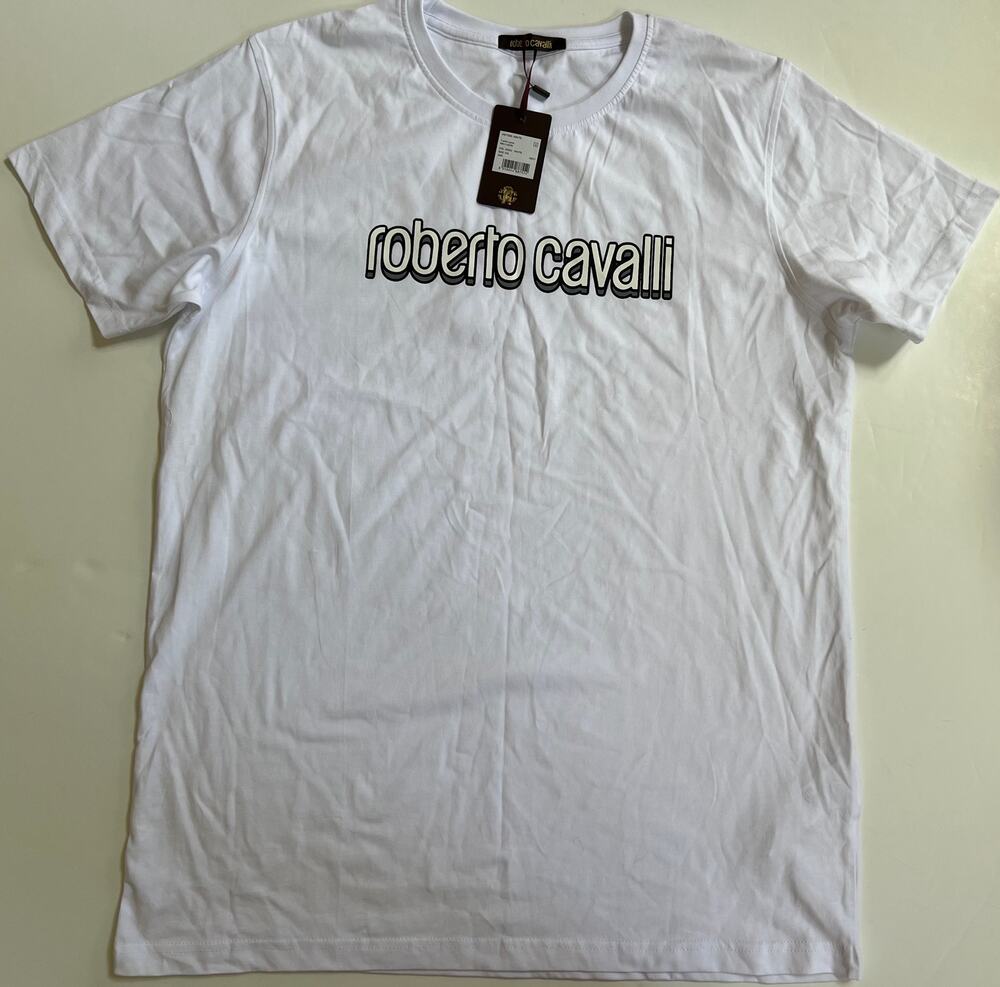 Roberto Cavalli Designer Graphic Logo T-shirt Cotton Size 2XL NWT